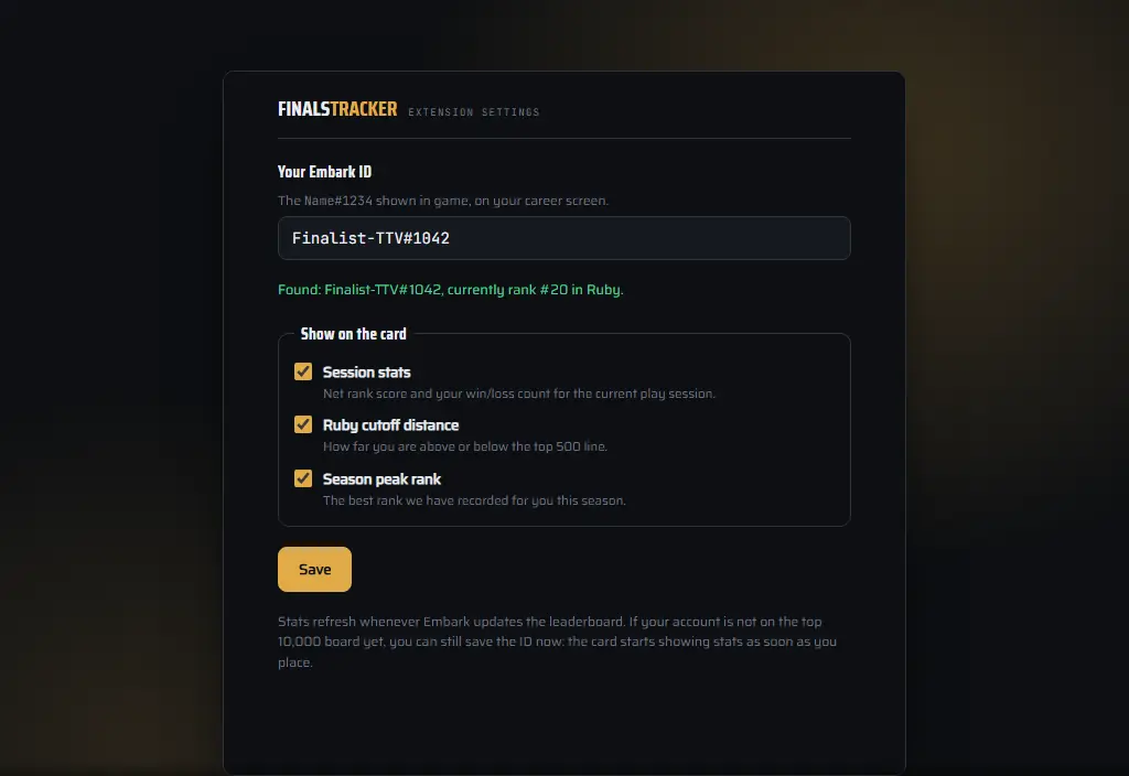 The extension settings screen: one Embark ID field, a confirmation naming the account it found, and three tick boxes for session stats, Ruby cutoff distance and season peak